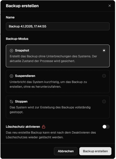 Optionen zum Erstellen des Backups