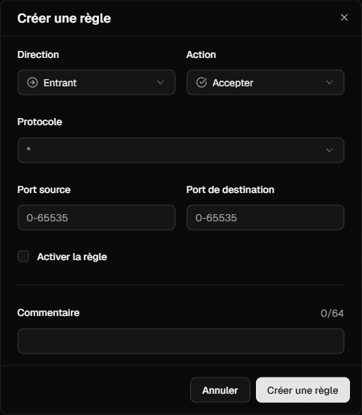 Options de la règle de pare-feu
